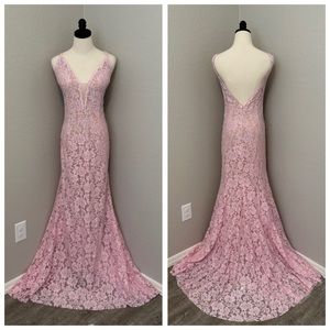 NEW JOVANI SZ 18 PINK LACE NUDE ILLUSION BEADED FORMAL EVENING GOWN